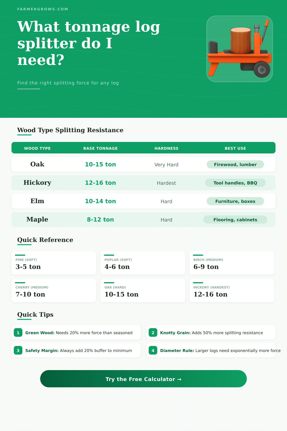 Log Splitter Tonnage Calculator | FarmerGrows