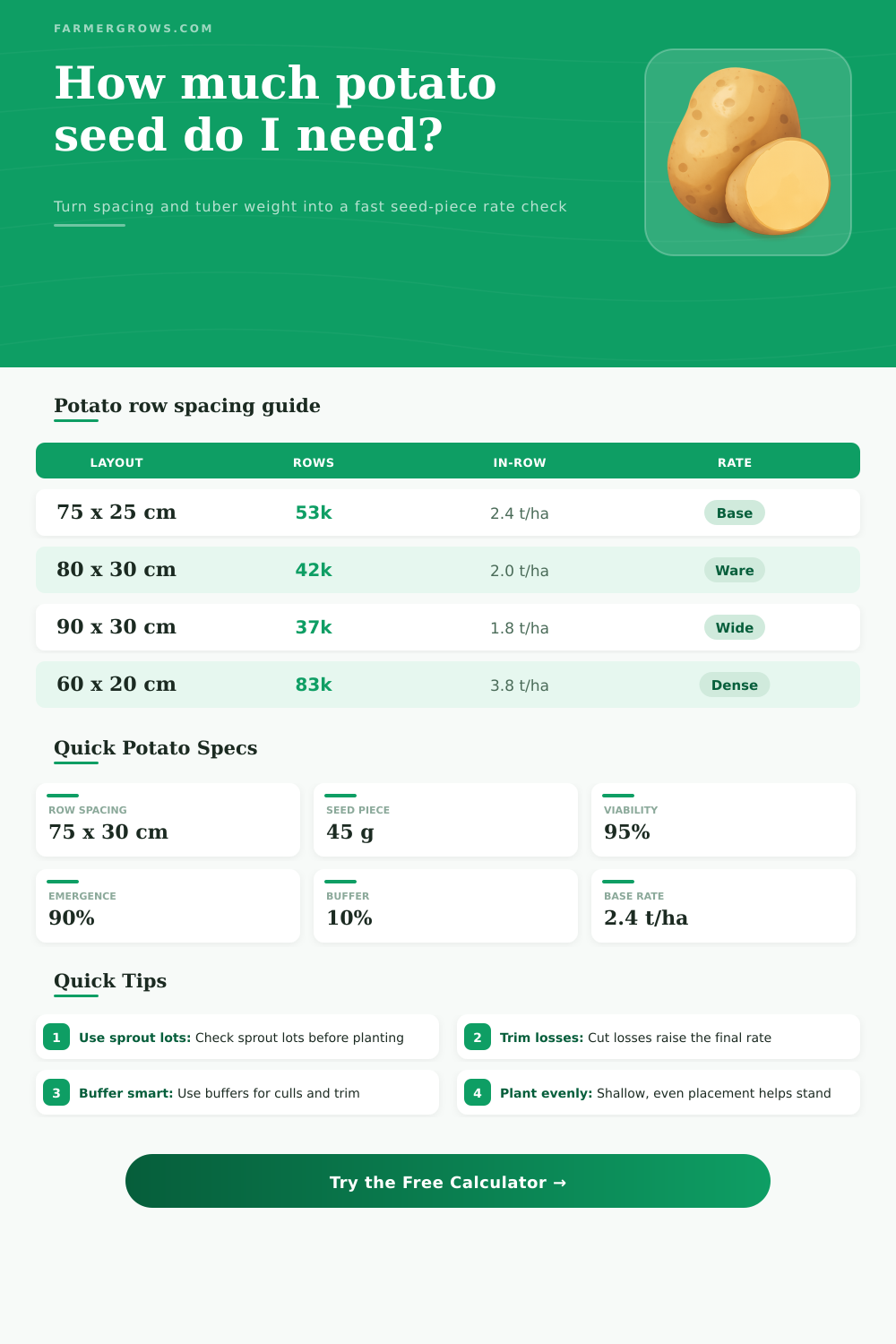 Potato Seed Rate Calculator – kg/ha and Pieces