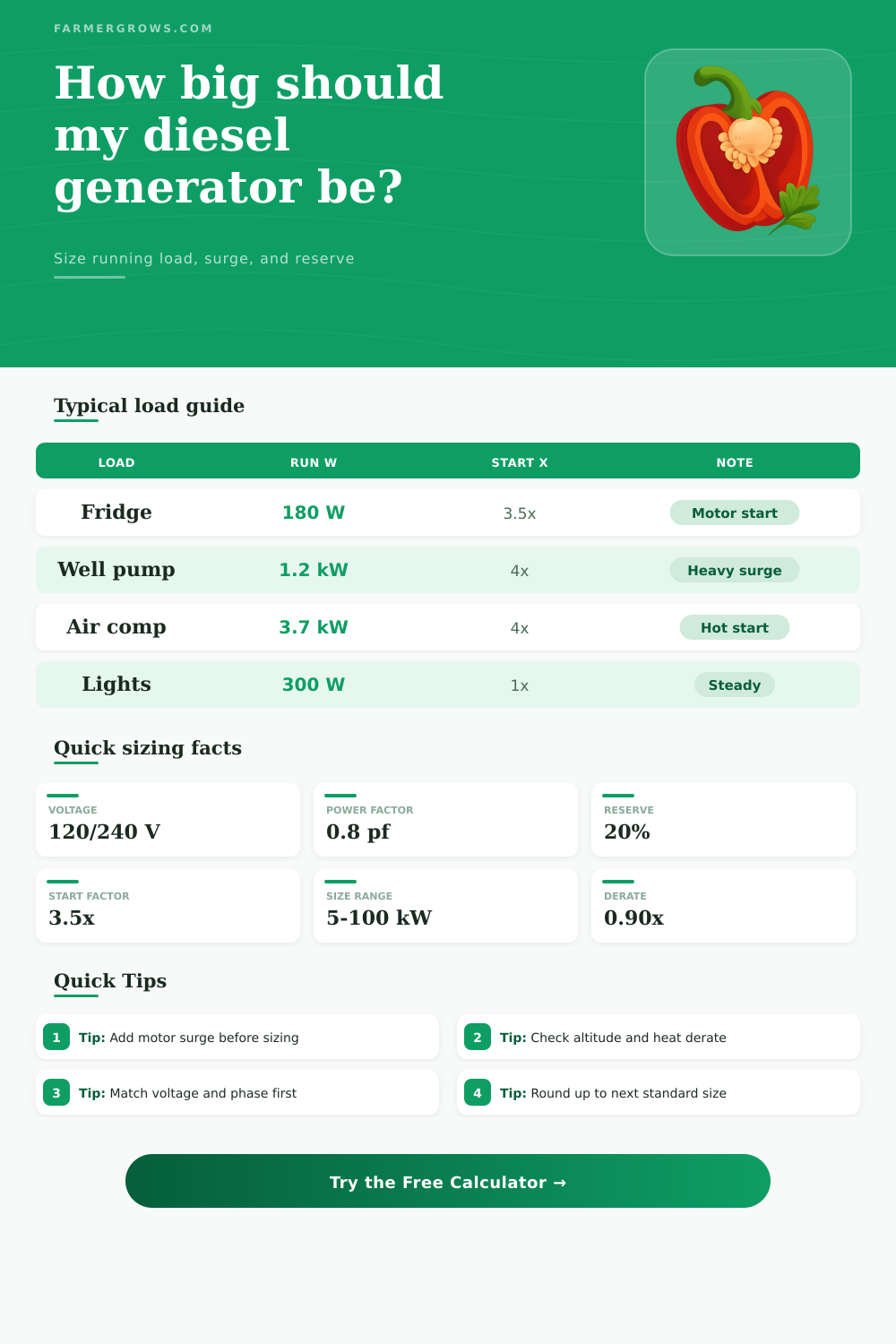 Diesel Generator Sizing Calculator for kW Planning