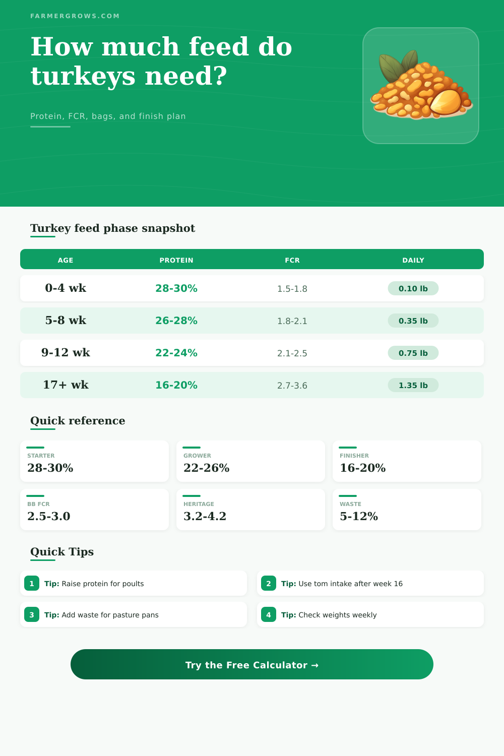 Turkey Feed Calculator: Protein, FCR & Finish Plan