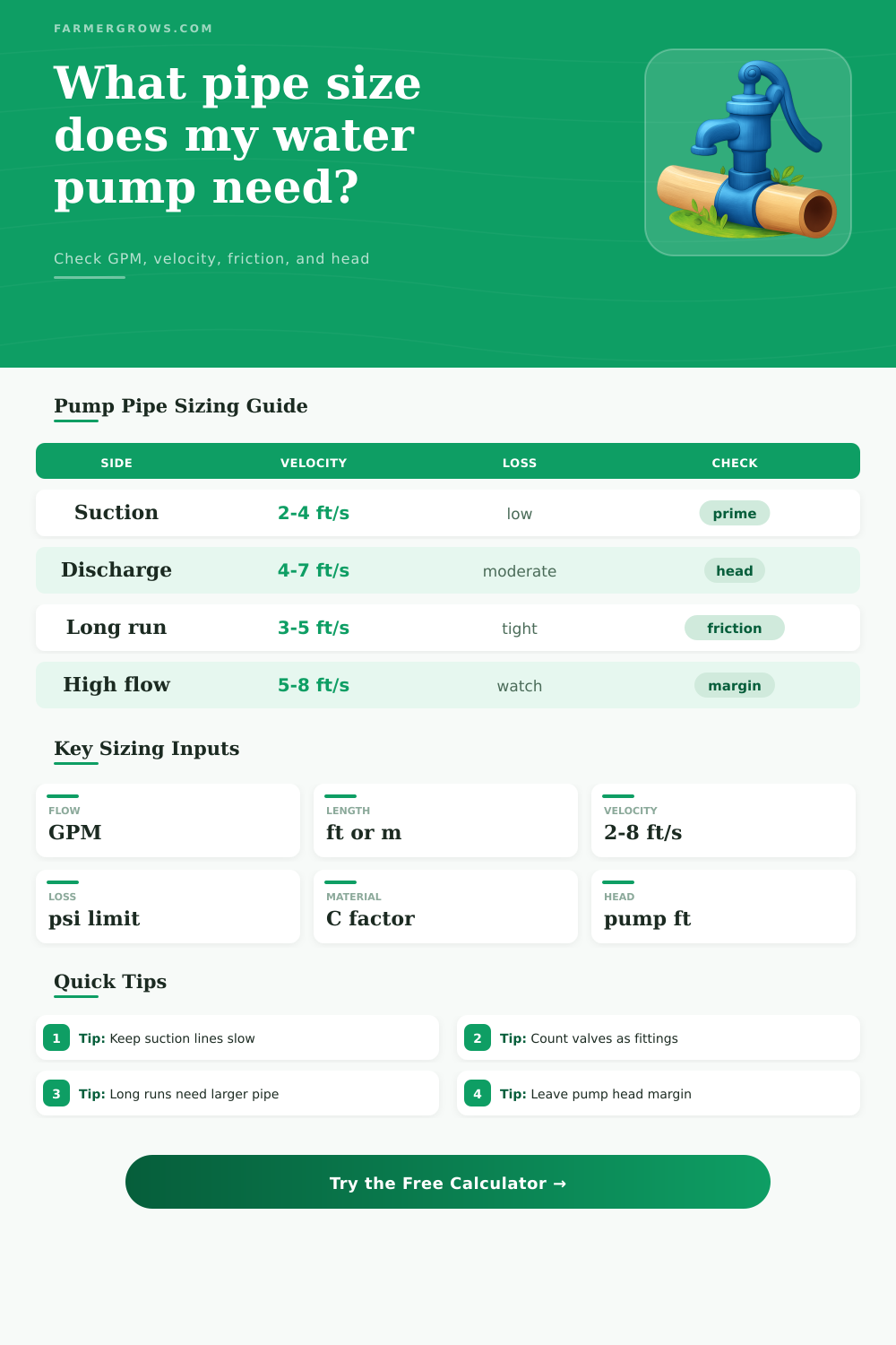 Water Pump Pipe Size Calculator