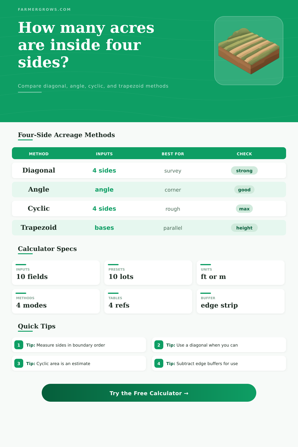 Acreage Calculator Four Sides for Farm Parcels
