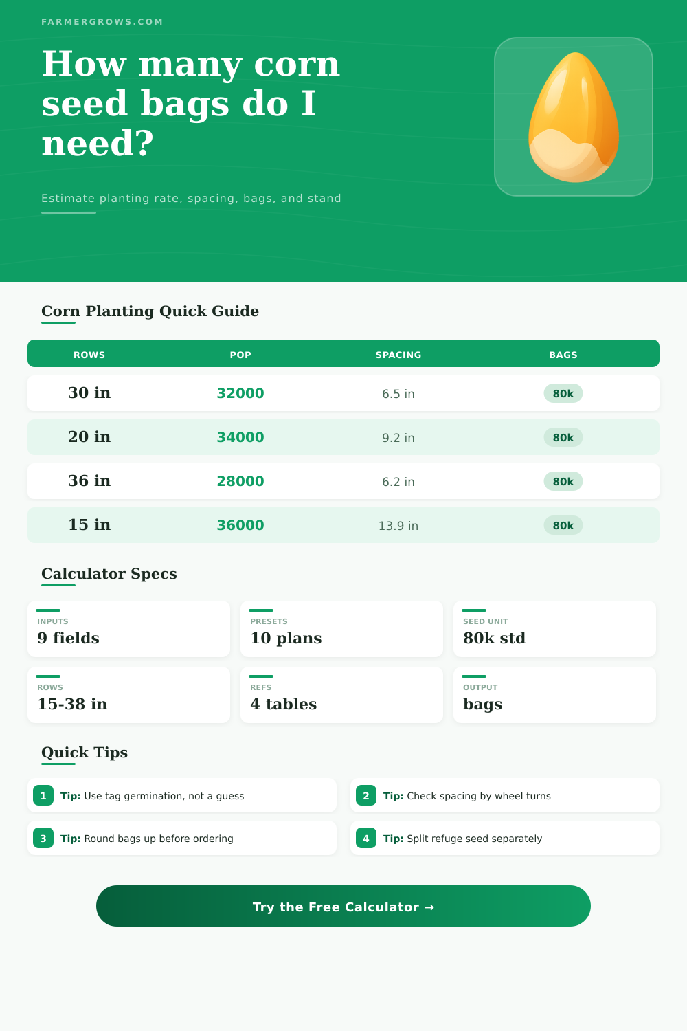Corn Seed Calculator for Bags, Spacing, Stand