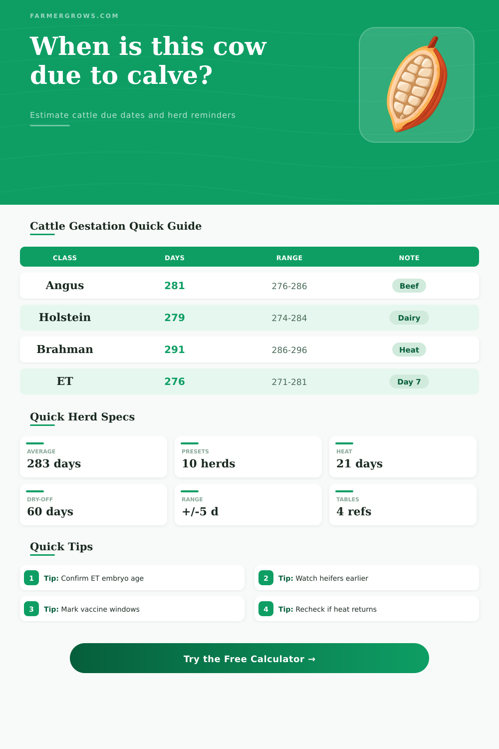 Gestation Calculator for Cattle Calving Dates