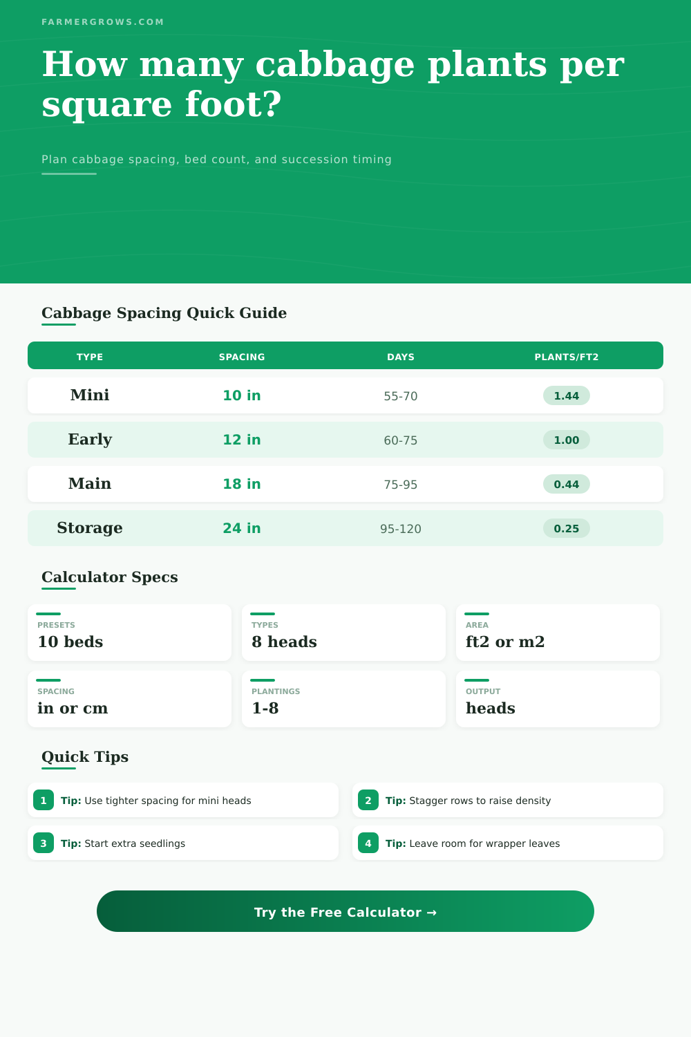 Cabbage Plants Per Square Foot Calculator